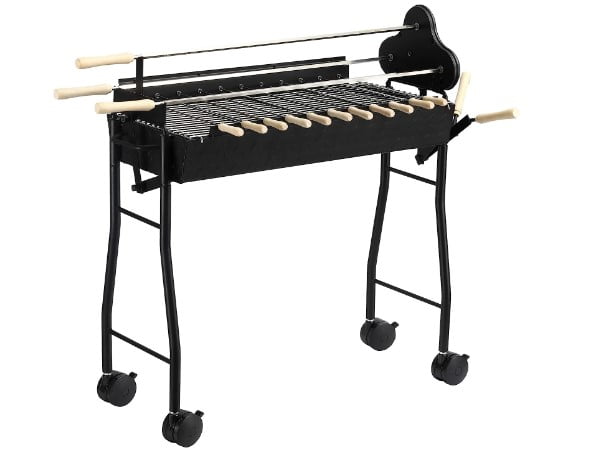 Outside sunny charcoal grills with rotisserie